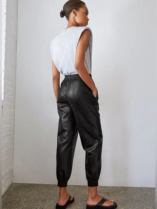 Babaton Faux Leather Jogger Pants Black High Rise Elastic Waist Size XS - Picture 11 of 15